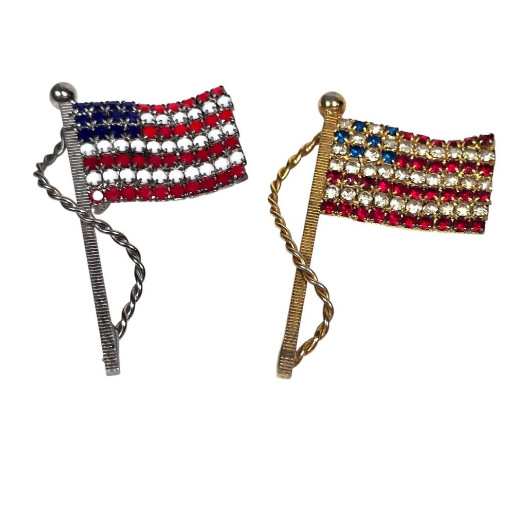 American Flag Brooch Lot Pins Patriotic Rhinestones Red White Blue Patriotic VTG